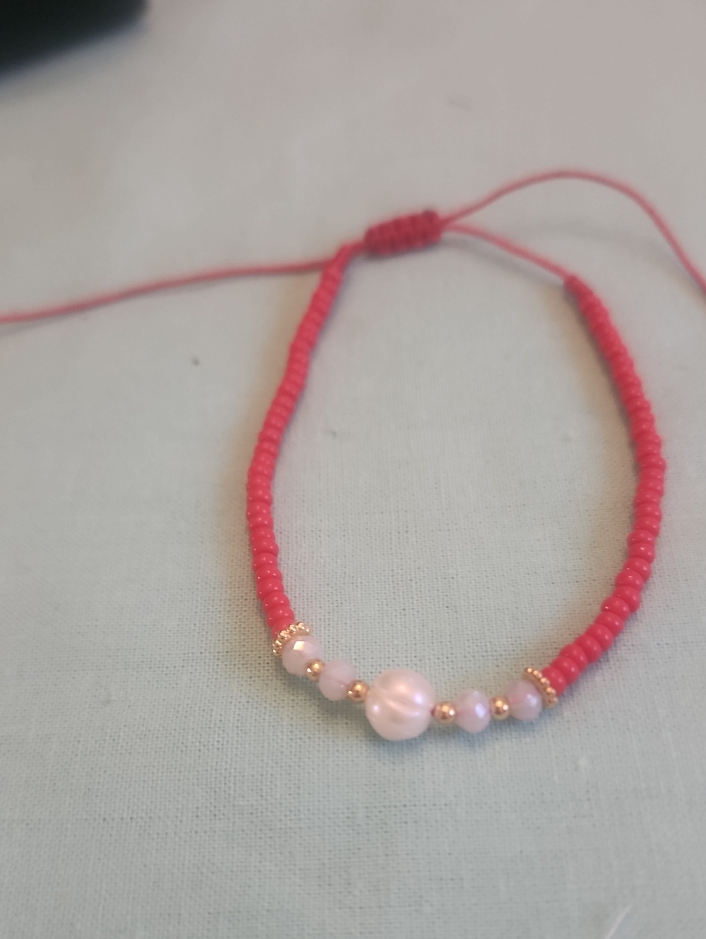 Womens White Seed Pearl & Gold & Red Bead Adjustable Red String Bracelet